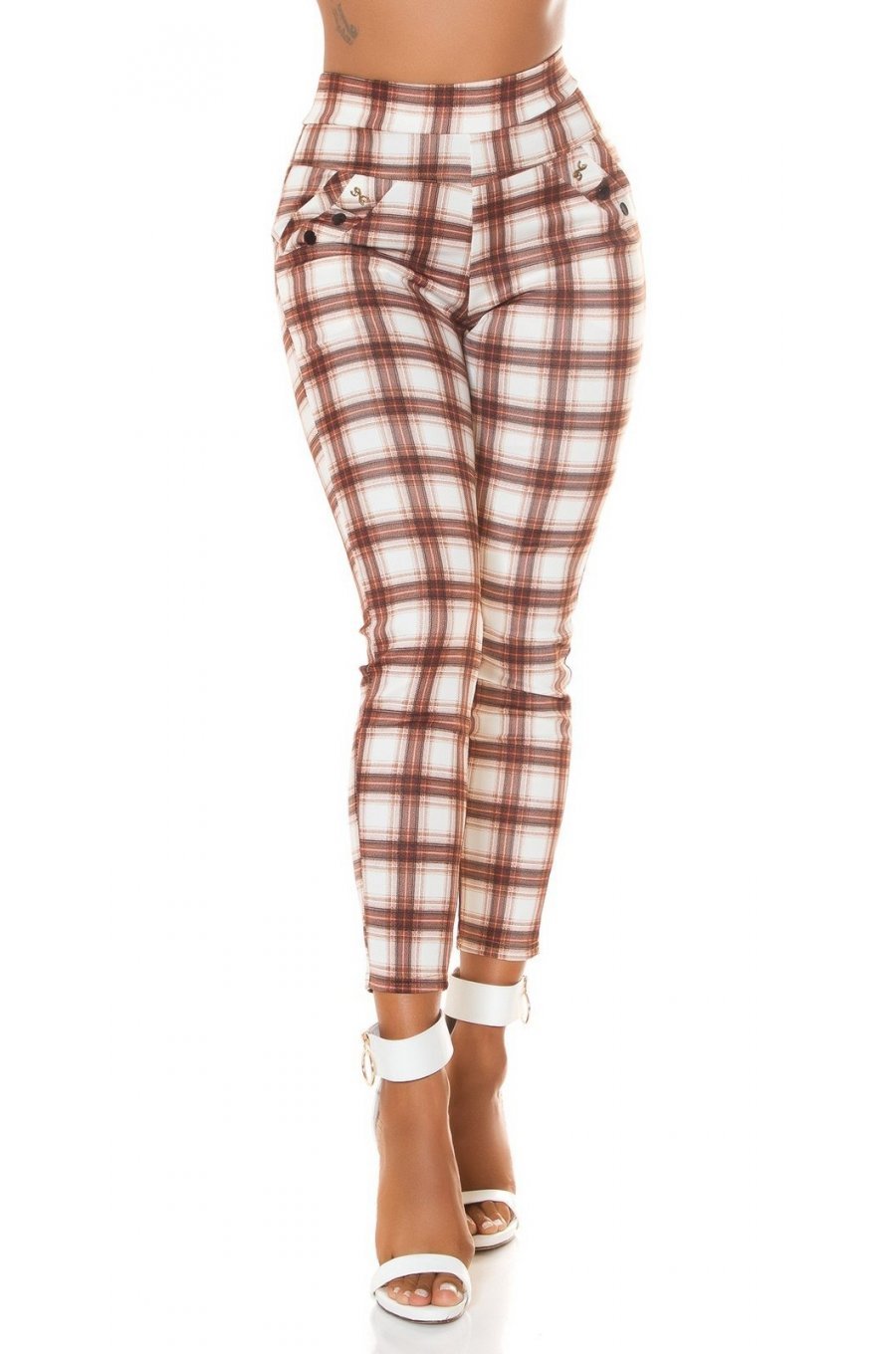 Pantaloni dama mulati, in carouri, maro, cu talia inalta, treggings, Sude 1 - jojofashion.ro