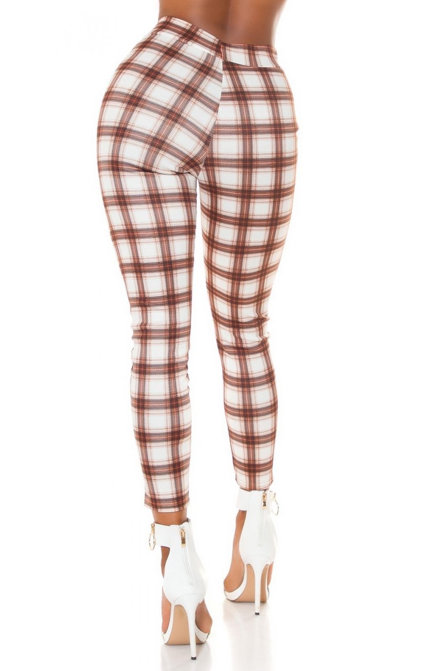 Pantaloni dama mulati, in carouri, maro, cu talia inalta, treggings, Sude 2 - jojofashion.ro