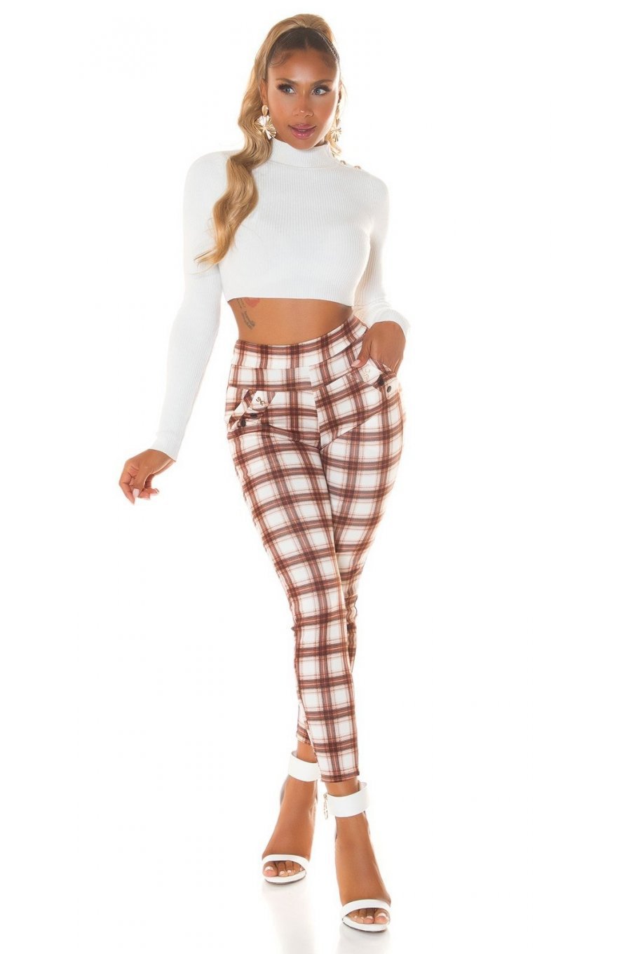 Pantaloni dama mulati, in carouri, maro, cu talia inalta, treggings, Sude 5 - jojofashion.ro