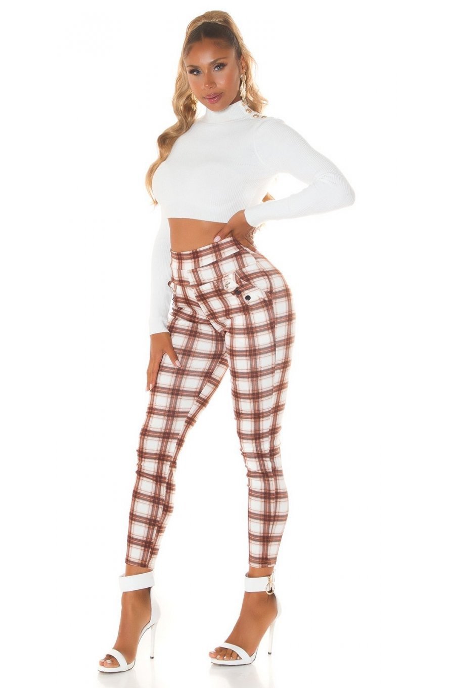 Pantaloni dama mulati, in carouri, maro, cu talia inalta, treggings, Sude 6 - jojofashion.ro