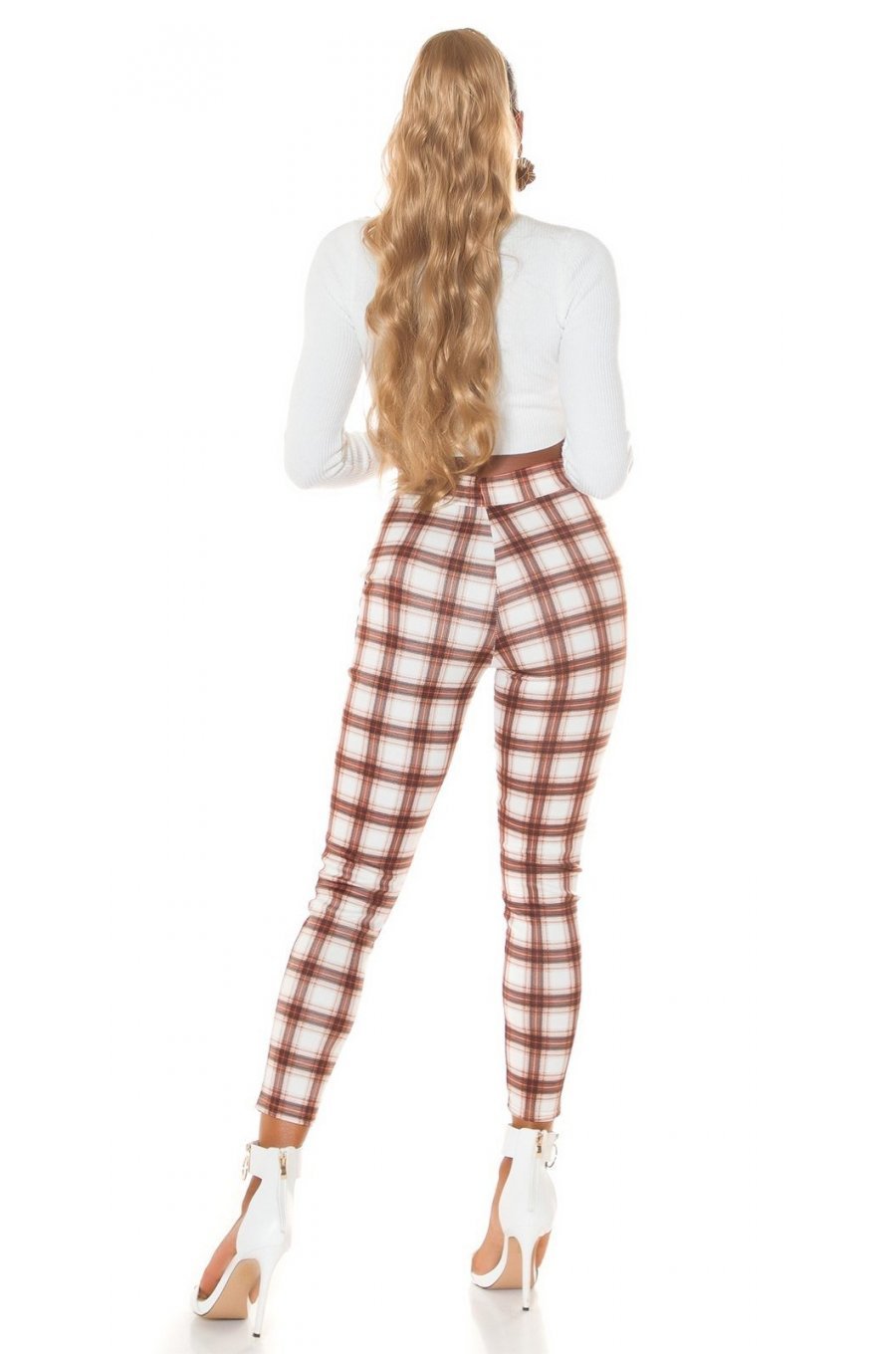 Pantaloni dama mulati, in carouri, maro, cu talia inalta, treggings, Sude 7 - jojofashion.ro