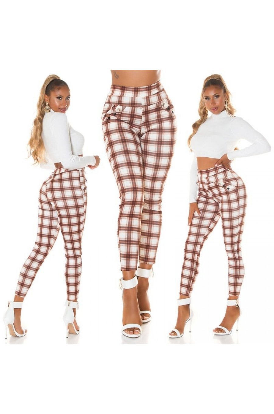 Pantaloni dama mulati, in carouri, maro, cu talia inalta, treggings, Sude 8 - jojofashion.ro