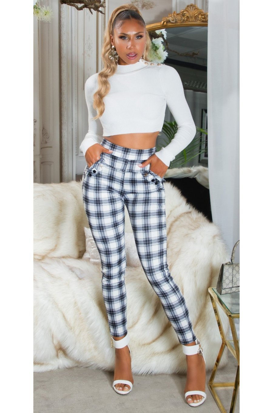 Pantaloni dama mulati, in carouri, negri, cu talia inalta, treggings, Sude 3 - jojofashion.ro