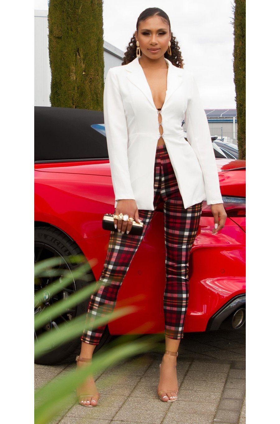 Pantaloni dama mulati, in carouri, rosii, cu talia inalta, Daren Pantaloni dama mulati, in carouri, rosii, cu talia inalta, Daren 3 - jojofashion.ro