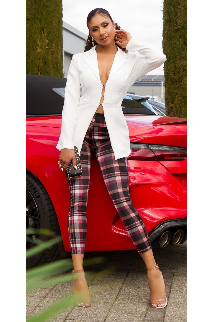 Pantaloni dama mulati, in carouri, roz, cu talia inalta, Daren Pantaloni dama mulati, in carouri, roz, cu talia inalta, Daren 3 - jojofashion.ro