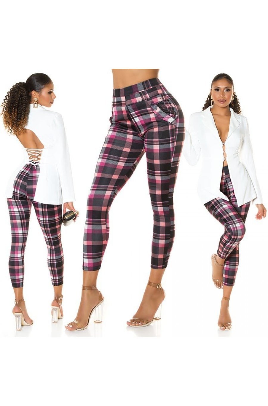 Pantaloni dama mulati, in carouri, roz, cu talia inalta, Daren Pantaloni dama mulati, in carouri, roz, cu talia inalta, Daren 5 - jojofashion.ro