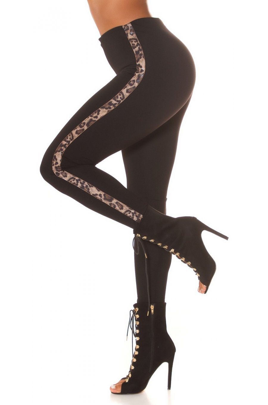 Pantaloni dama mulati, negri, cu talie inalta si dunga leopard print, Geovana 1 - jojofashion.ro