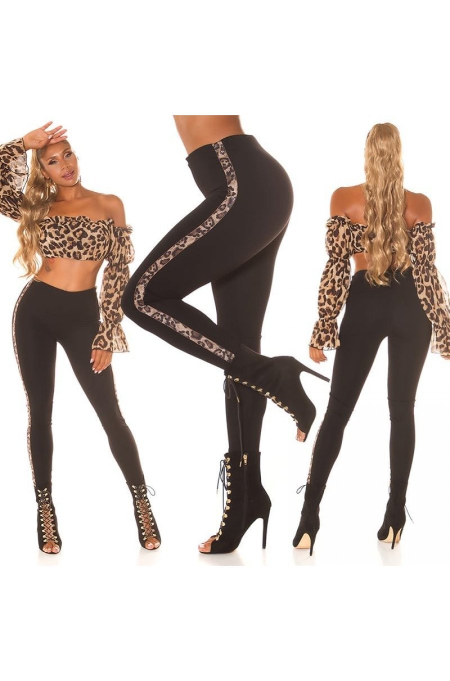 Pantaloni dama mulati, negri, cu talie inalta si dunga leopard print, Geovana 7 - jojofashion.ro