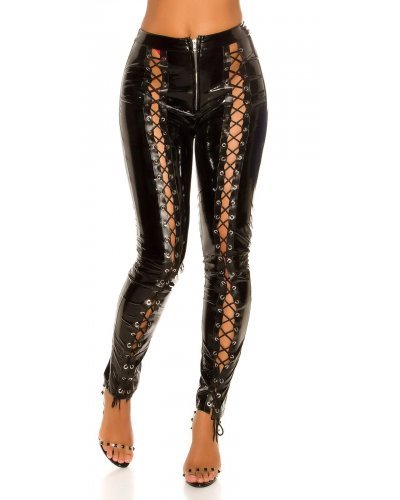Pantaloni dama mulati, negri, din latex, cu siret pe picior, Margriet Tinute de club, Pantaloni dama mulati, negri, din latex, cu siret pe picior, Margriet - jojofashion.ro