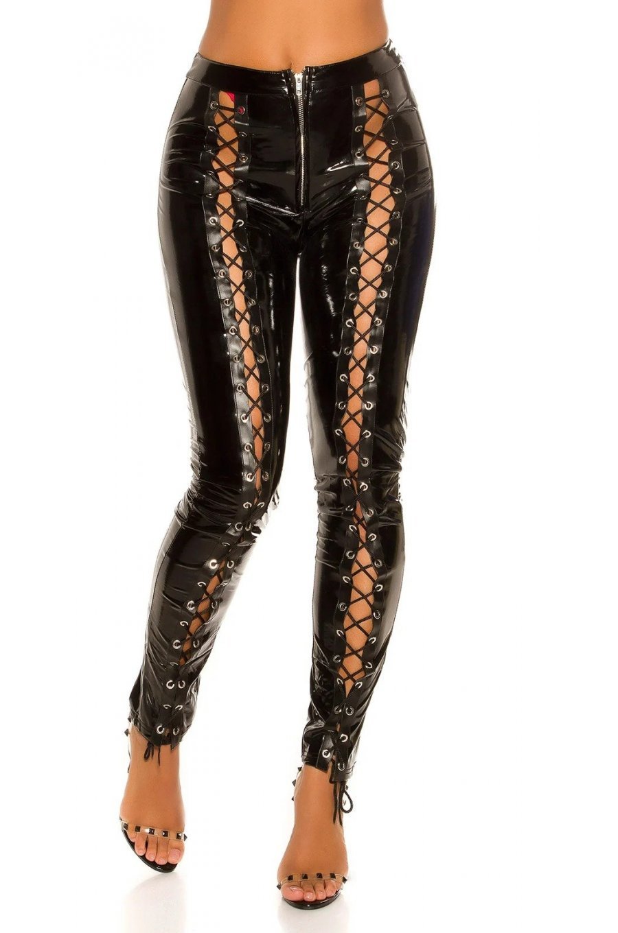Pantaloni dama mulati, negri, din latex, cu siret pe picior, Margriet 1 - jojofashion.ro