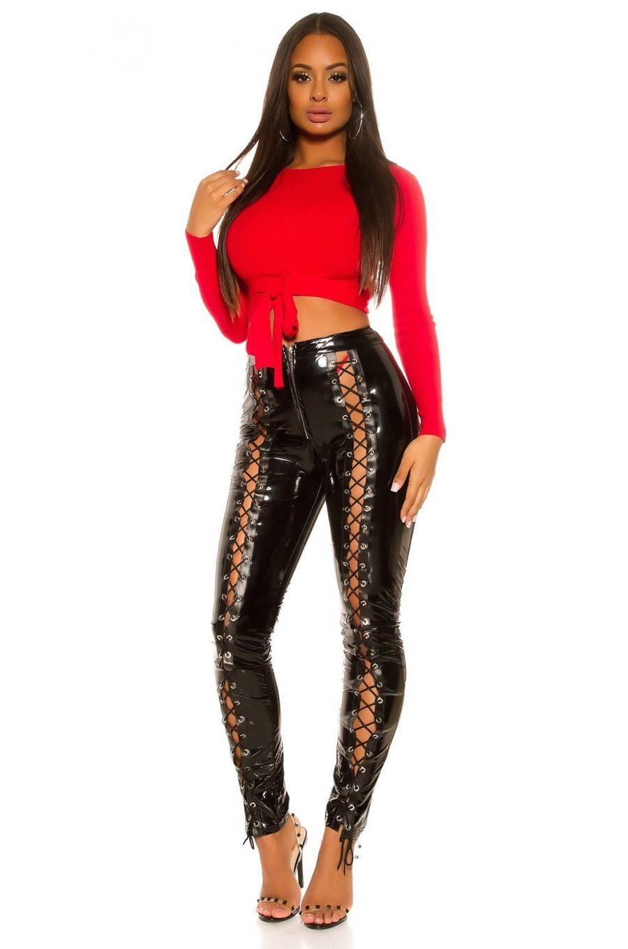 Pantaloni dama mulati, negri, din latex, cu siret pe picior, Margriet 3 - jojofashion.ro
