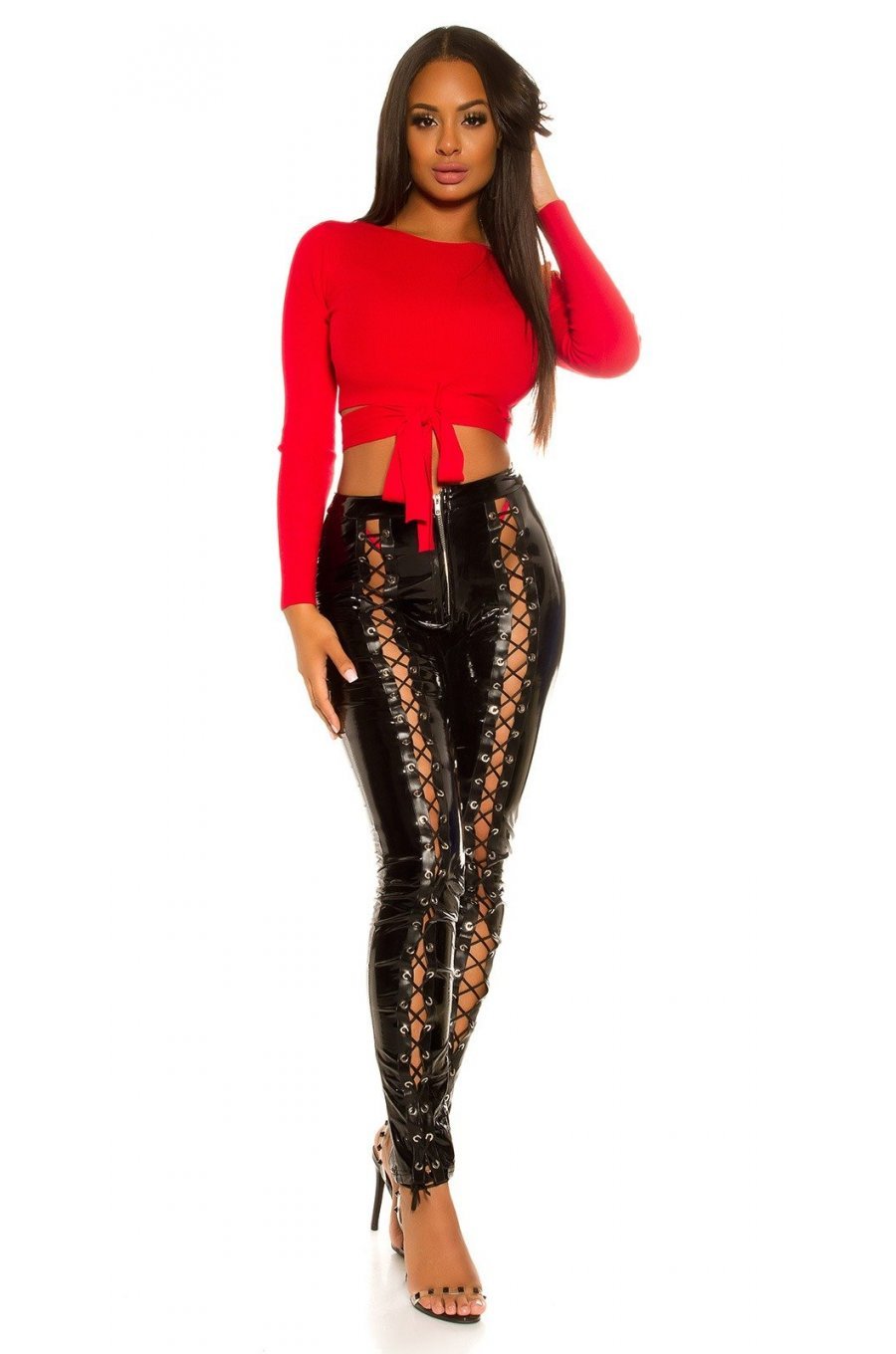 Pantaloni dama mulati, negri, din latex, cu siret pe picior, Margriet 6 - jojofashion.ro