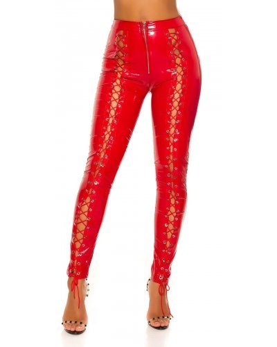 Pantaloni dama mulati, rosii, din latex, cu siret pe picior, Margriet Tinute de club, Pantaloni dama mulati, rosii, din latex, cu siret pe picior, Margriet - jojofashion.ro