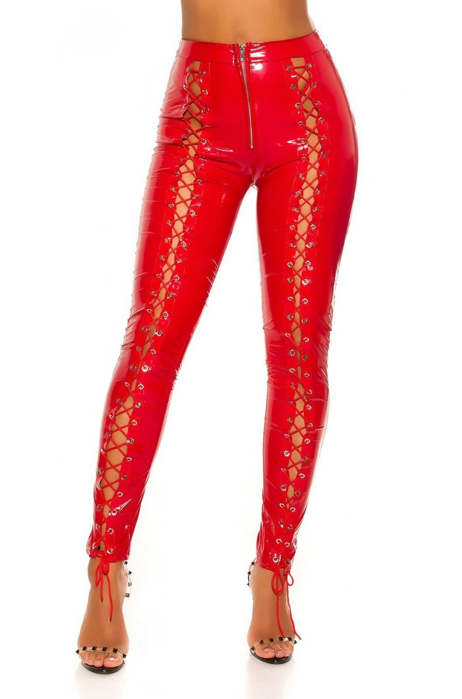 Pantaloni dama mulati, rosii, din latex, cu siret pe picior, Margriet 1 - jojofashion.ro