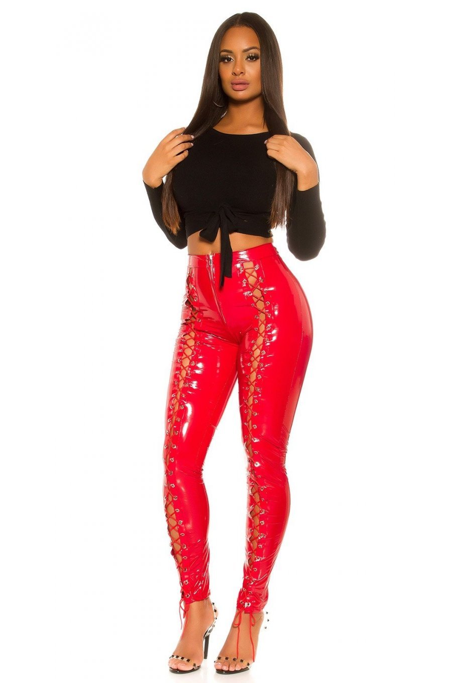 Pantaloni dama mulati, rosii, din latex, cu siret pe picior, Margriet 5 - jojofashion.ro
