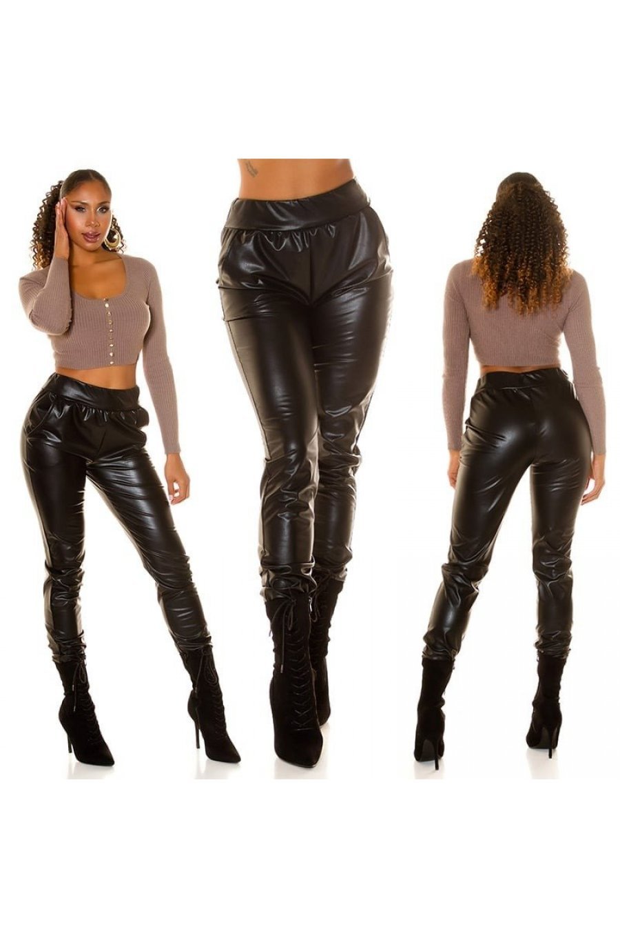 Pantaloni dama negri, imitatie piele, cu banda lata in talie, Veela 9 - jojofashion.ro