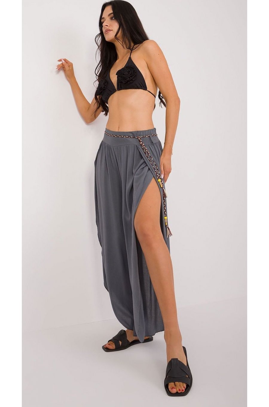 Pantaloni dama salvari, gri, din vascoza, vaporosi, Jocasta 2 - jojofashion.ro