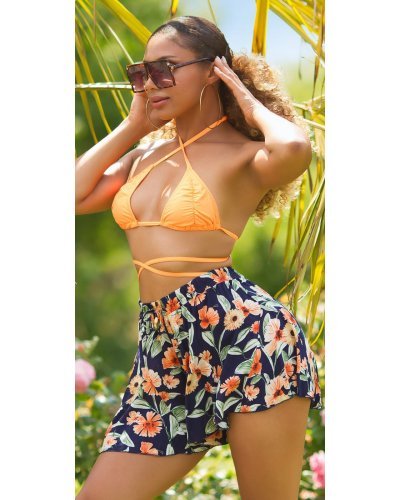 Pantaloni dama scurti, lejeri, bleumarin cu flori multicolore, din vascoza, Keilana - jojofashion.ro