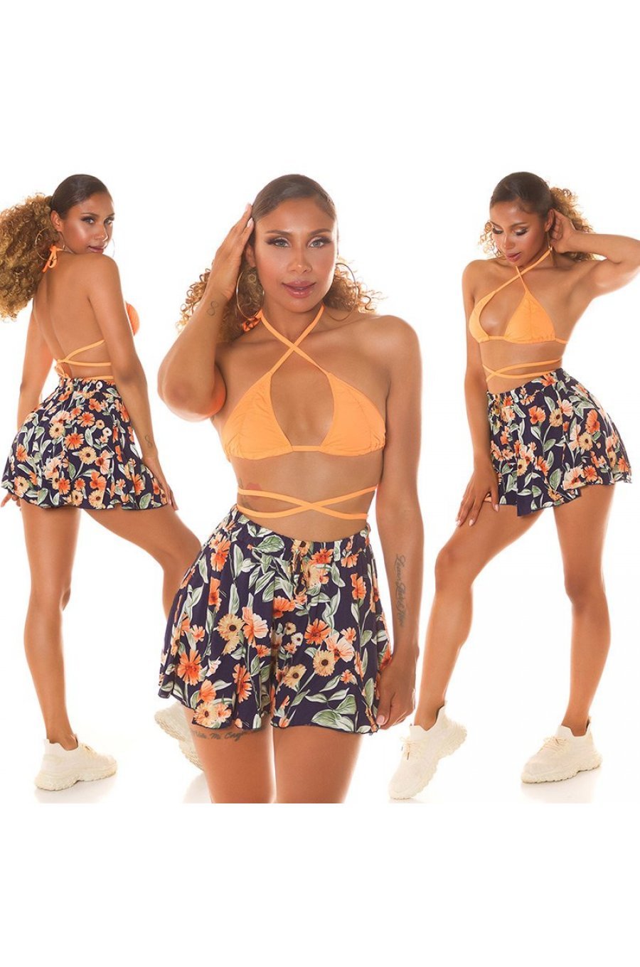 Pantaloni dama scurti, lejeri, bleumarin cu flori multicolore, din vascoza, Keilana 8 - jojofashion.ro