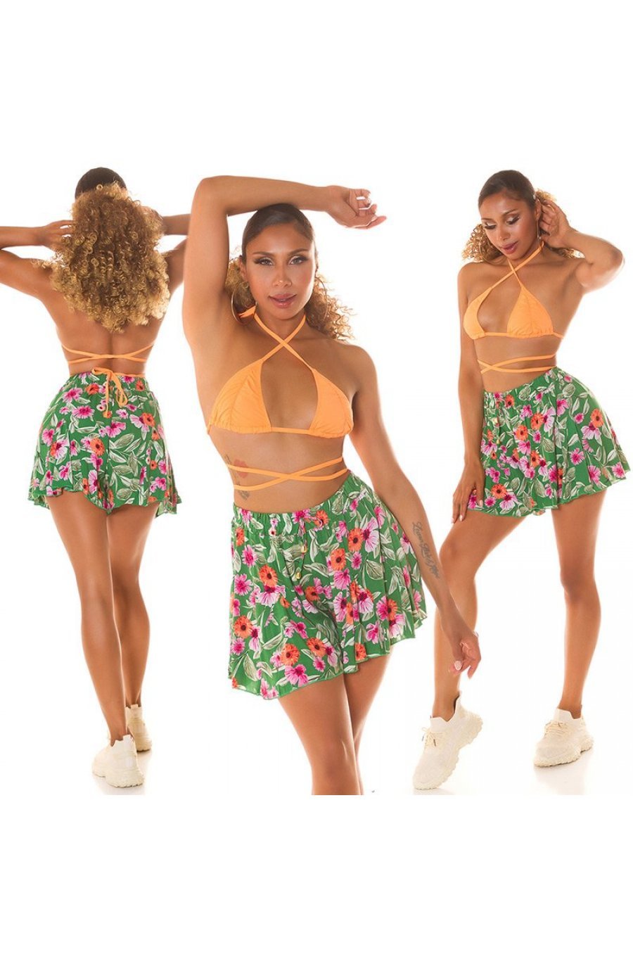 Pantaloni dama scurti, lejeri, verzi cu flori multicolore, din vascoza, Keilana 6 - jojofashion.ro