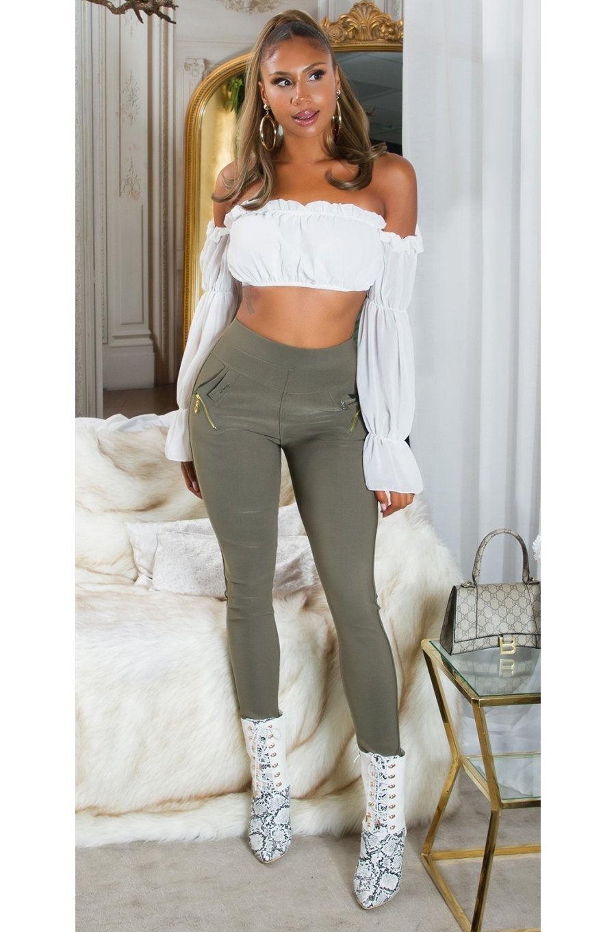 Pantaloni dama skinny, mulati, kaki, cu talia inalta, Berennis Pantaloni dama skinny, mulati, kaki, cu talia inalta, Berennis 3 - jojofashion.ro