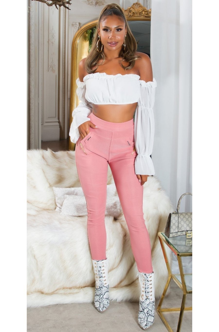 Pantaloni dama skinny, mulati, roz, cu talia inalta, Berennis Pantaloni dama skinny, mulati, roz, cu talia inalta, Berennis 3 - jojofashion.ro