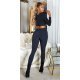 Pantaloni dama treggings, bleumarin navy, elastici, cu dunga neagra din glitter, Idalie 5 - jojofashion.ro
