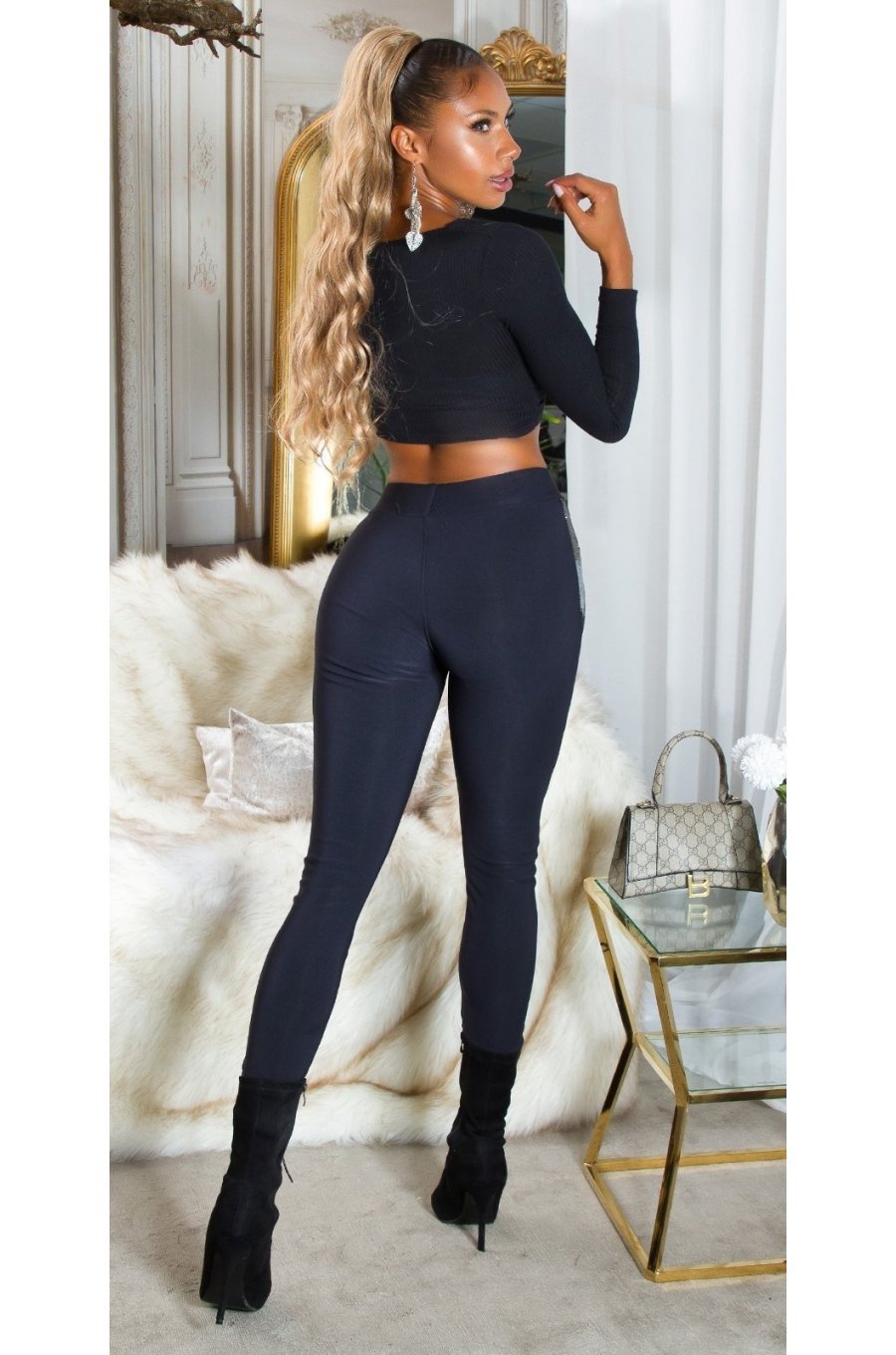 Pantaloni dama treggings, bleumarin navy, elastici, cu dunga neagra din glitter, Idalie 4 - jojofashion.ro