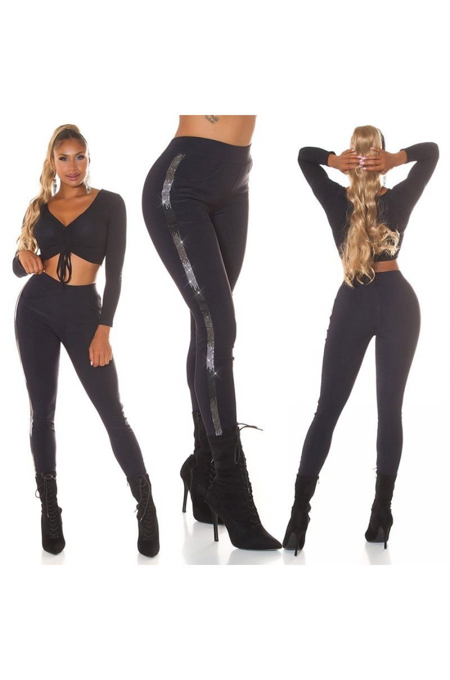 Pantaloni dama treggings, bleumarin navy, elastici, cu dunga neagra din glitter, Idalie 8 - jojofashion.ro