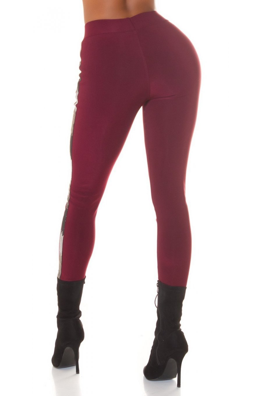 Pantaloni dama treggings, burgundy, elastici, cu dunga neagra din glitter, Idalie 3 - jojofashion.ro