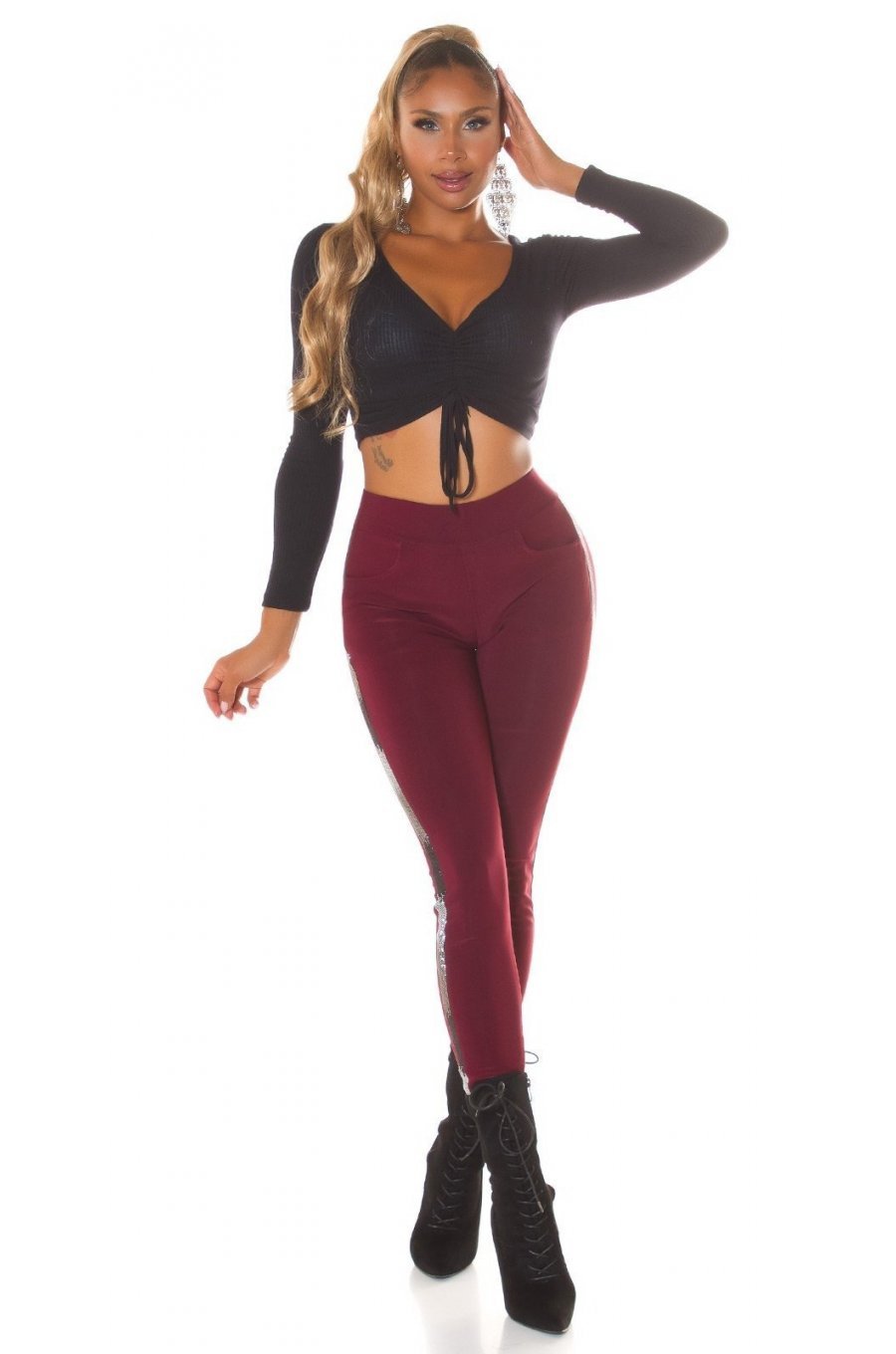 Pantaloni dama treggings, burgundy, elastici, cu dunga neagra din glitter, Idalie 5 - jojofashion.ro