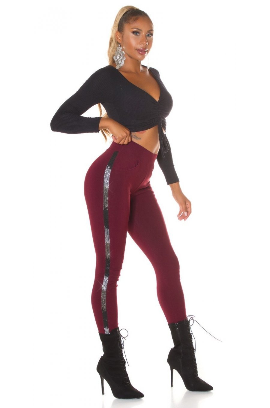 Pantaloni dama treggings, burgundy, elastici, cu dunga neagra din glitter, Idalie 7 - jojofashion.ro