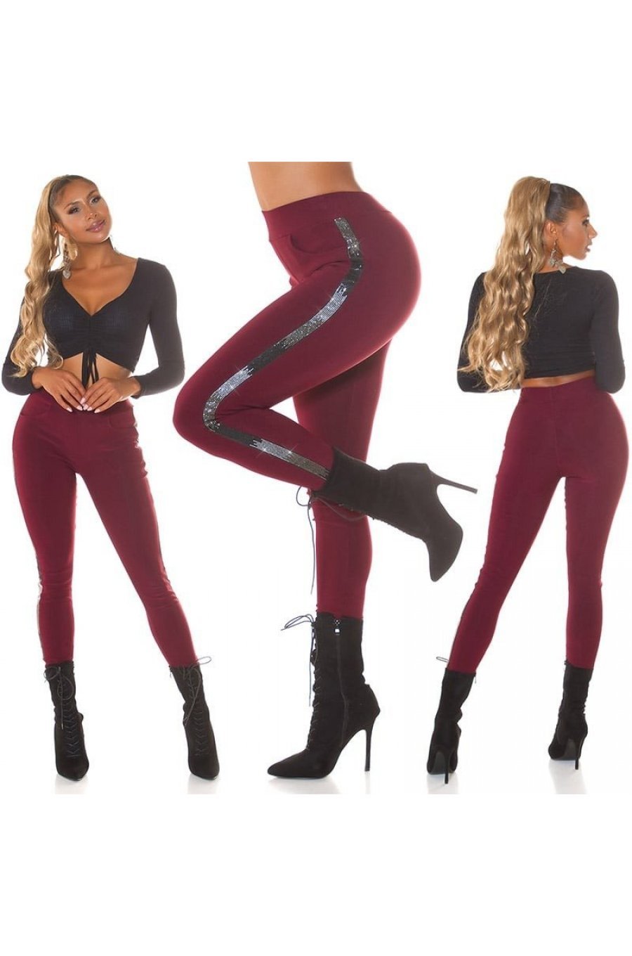 Pantaloni dama treggings, burgundy, elastici, cu dunga neagra din glitter, Idalie 8 - jojofashion.ro