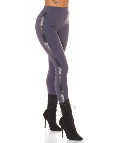 Pantaloni trening dama, Pantaloni dama treggings, gri, elastici, cu dunga neagra din glitter, Idalie - jojofashion.ro