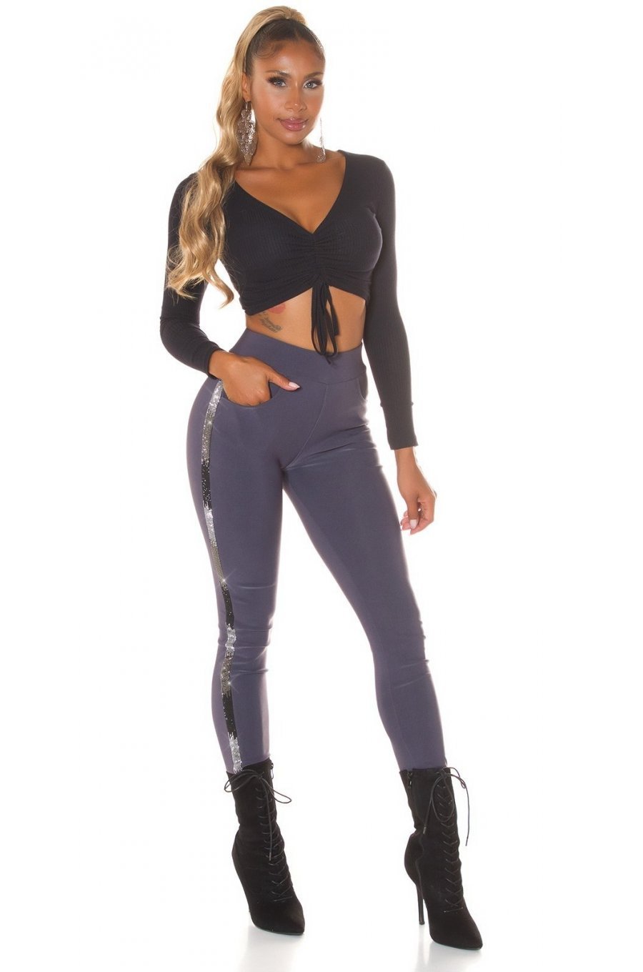 Pantaloni dama treggings, gri, elastici, cu dunga neagra din glitter, Idalie 3 - jojofashion.ro
