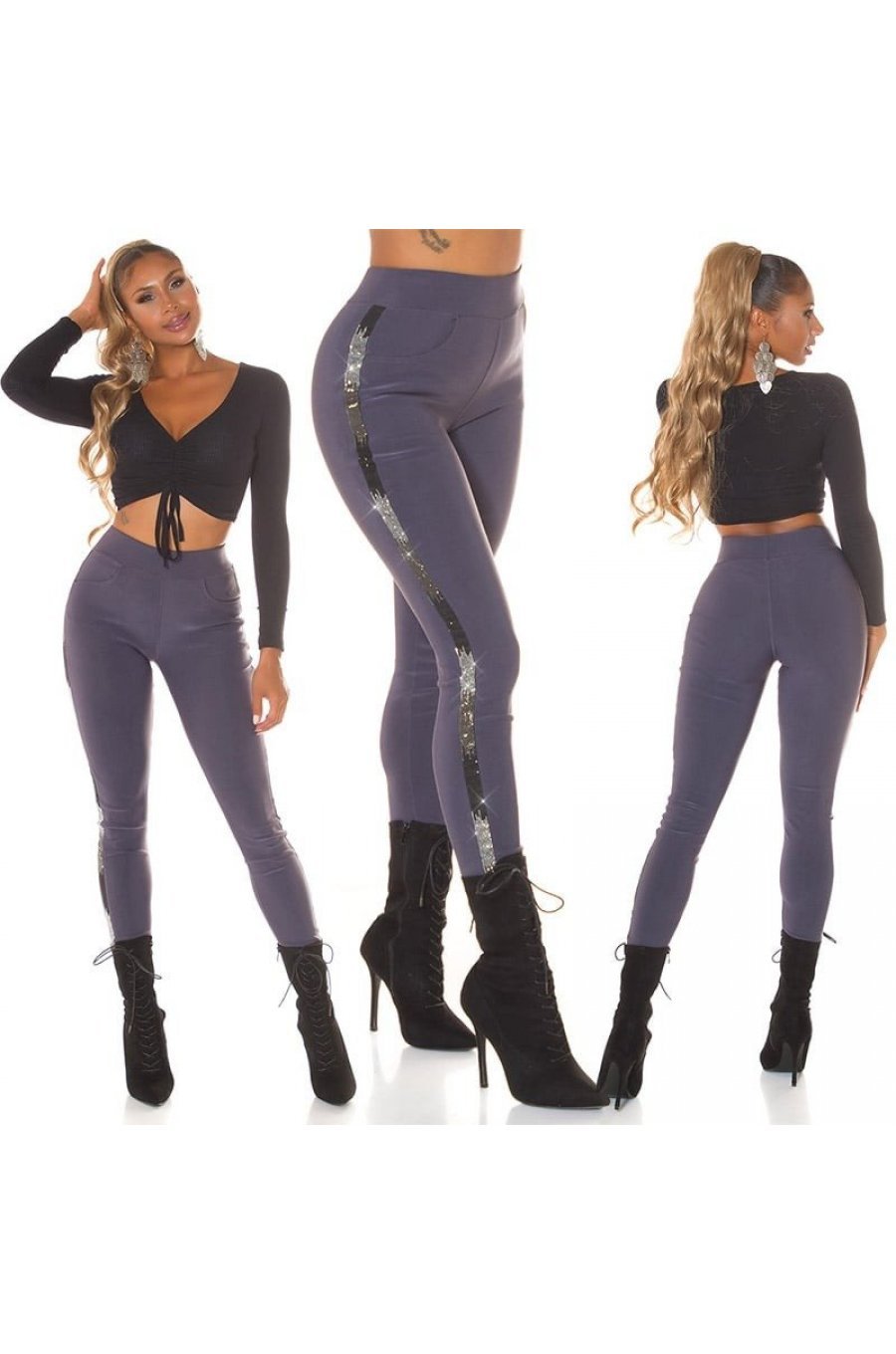 Pantaloni dama treggings, gri, elastici, cu dunga neagra din glitter, Idalie 6 - jojofashion.ro