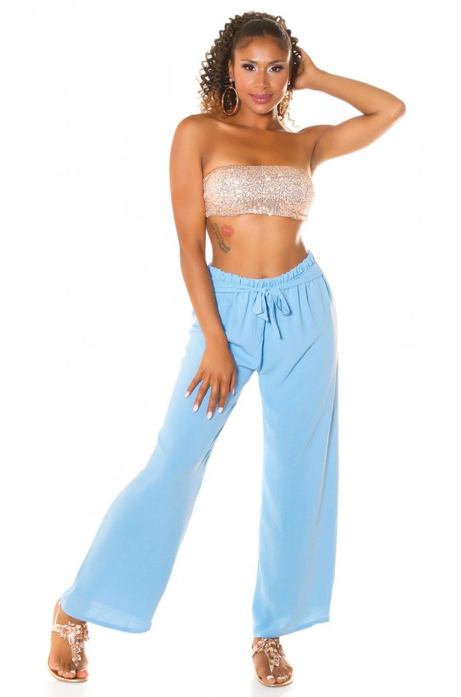 Pantaloni dama eleganti de vara, evazati, baby blue, cu talia inalta,  Ananda 4 - jojofashion.ro