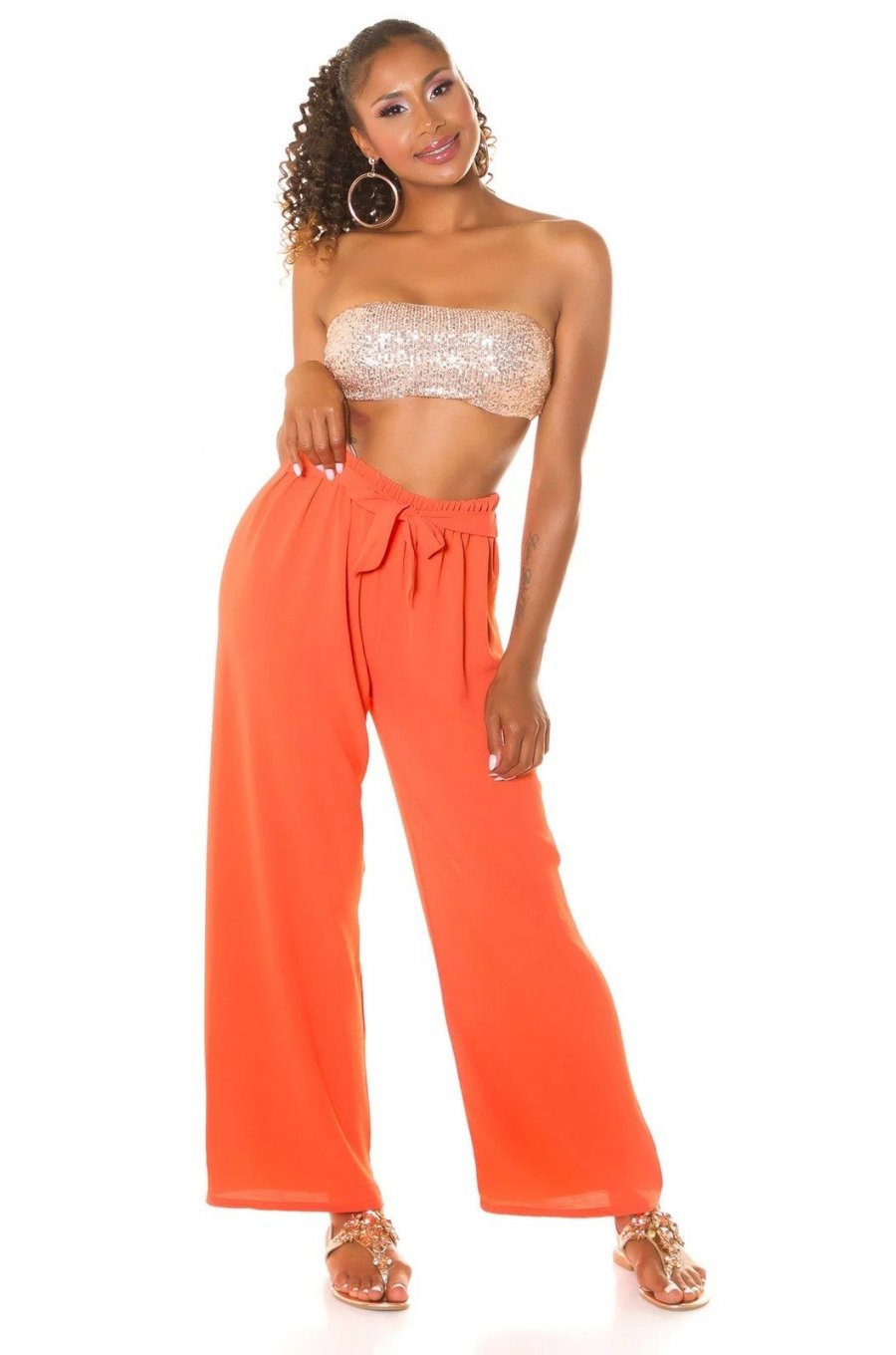 Pantaloni dama eleganti de vara, evazati, corai, cu talia inalta, Ananda 3 - jojofashion.ro