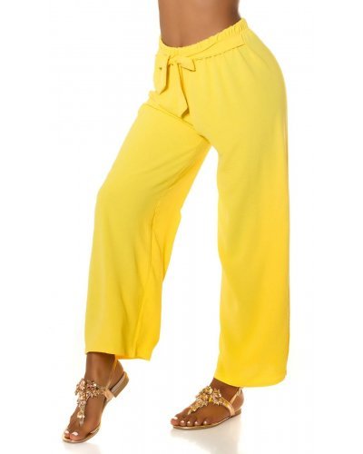 Pantaloni dama eleganti de vara, evazati galbeni cu talia inalta Ananda - jojofashion.ro
