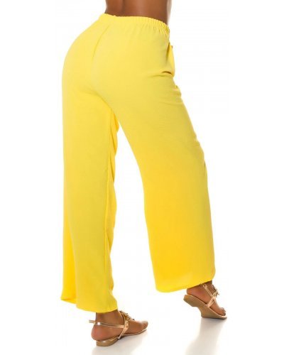 Pantaloni dama eleganti de vara, evazati galbeni cu talia inalta Ananda - jojofashion.ro