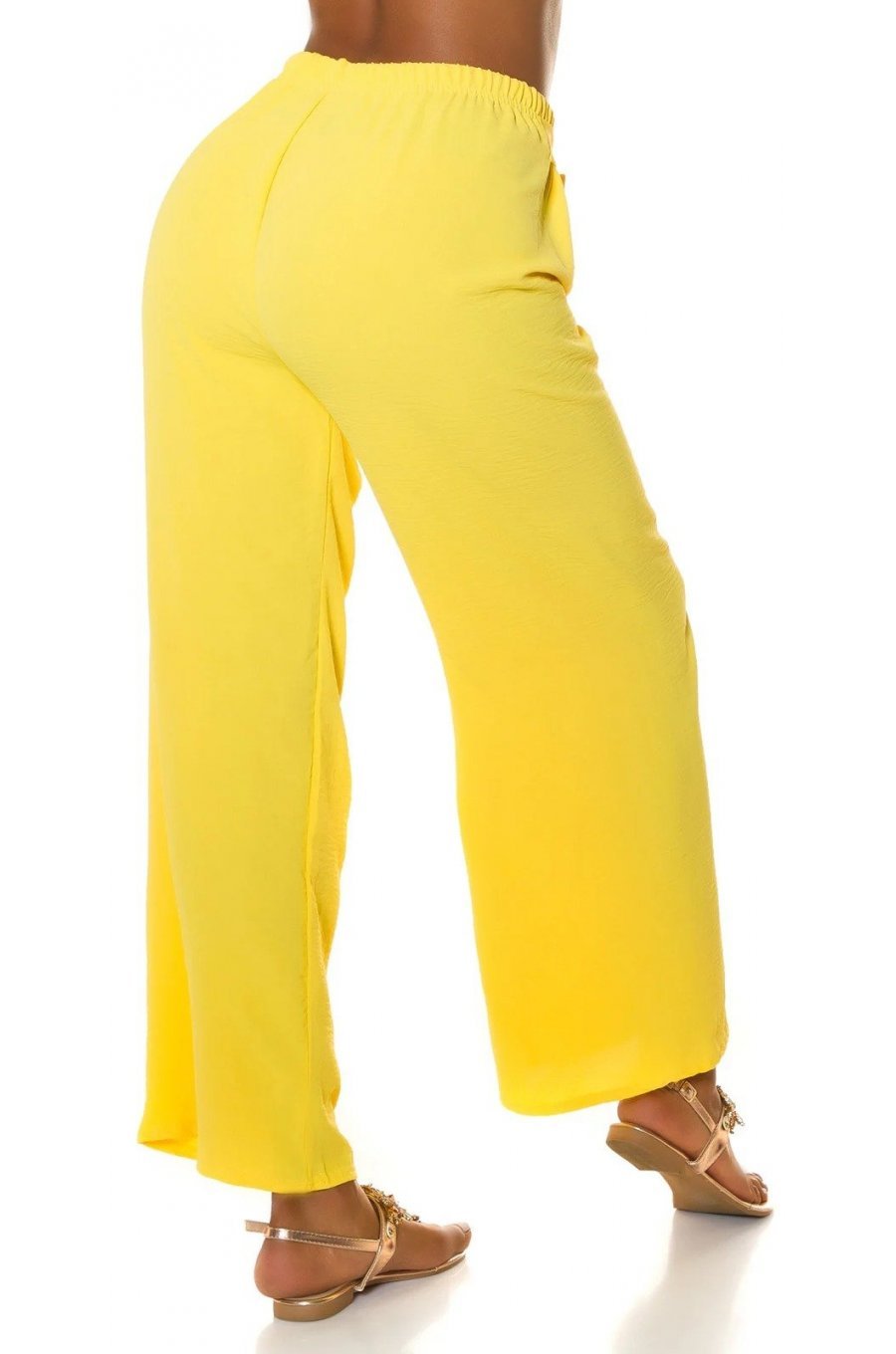 Pantaloni dama eleganti de vara, evazati galbeni cu talia inalta Ananda 2 - jojofashion.ro