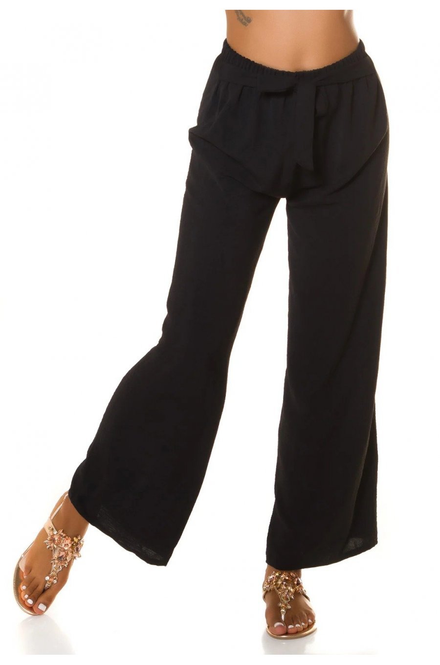 Pantaloni dama eleganti de vara, evazati, negri, cu talia inalta, Ananda 1 - jojofashion.ro