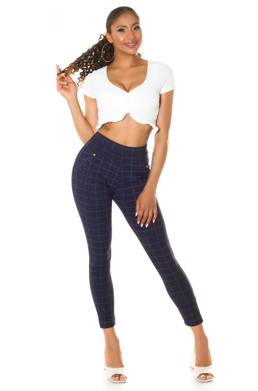 Pantaloni eleganti dama mulati bleumarin in carouri Dizara 6 - jojofashion.ro