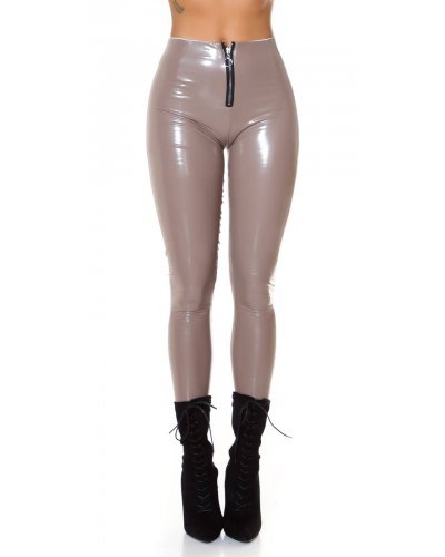 Pantaloni latex de dama cappuccino wetlook Lidy - jojofashion.ro