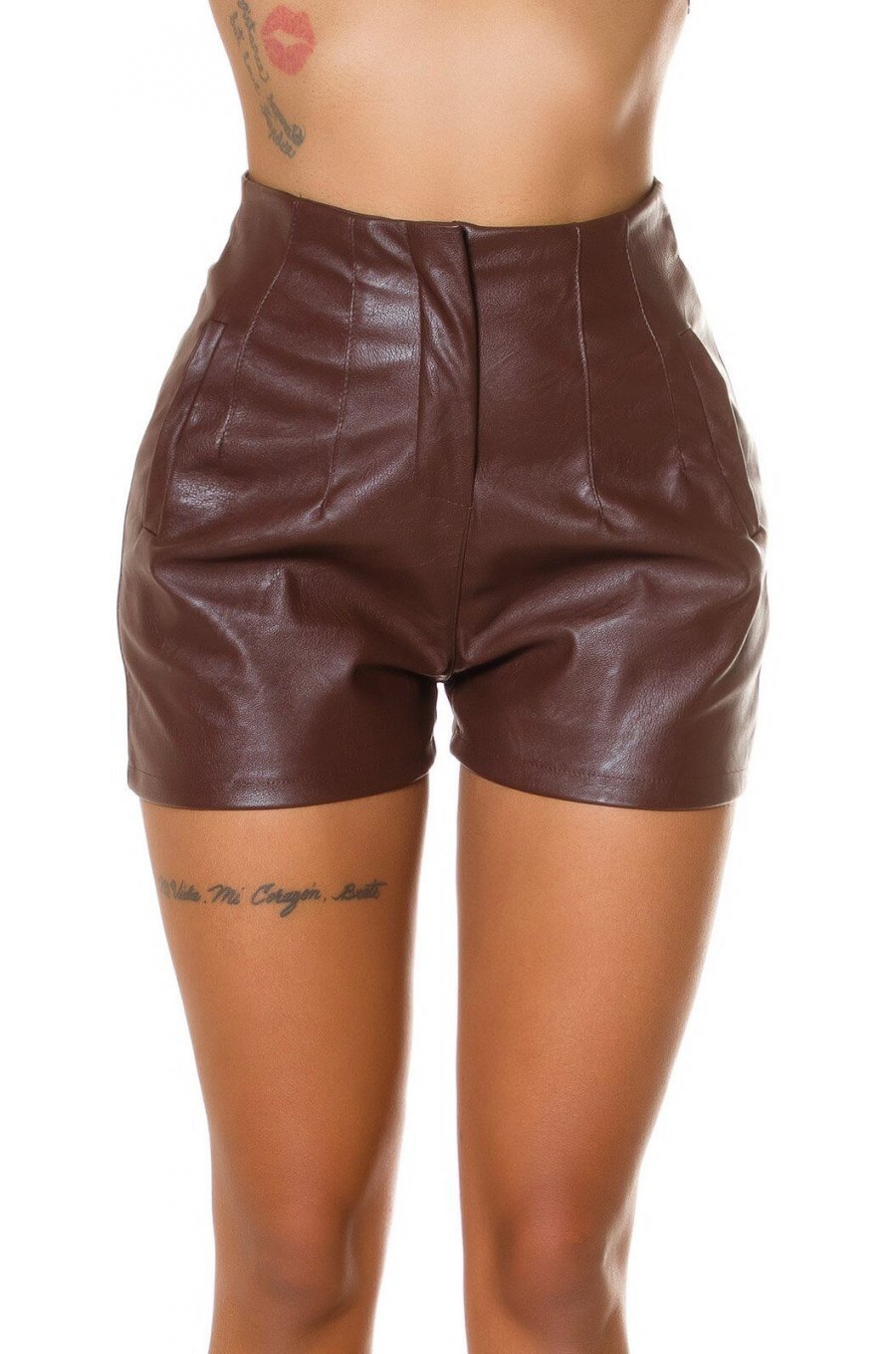 Pantaloni dama casual, scurti, maro, piele eco, cu talia inalta, Matilda 5 - jojofashion.ro