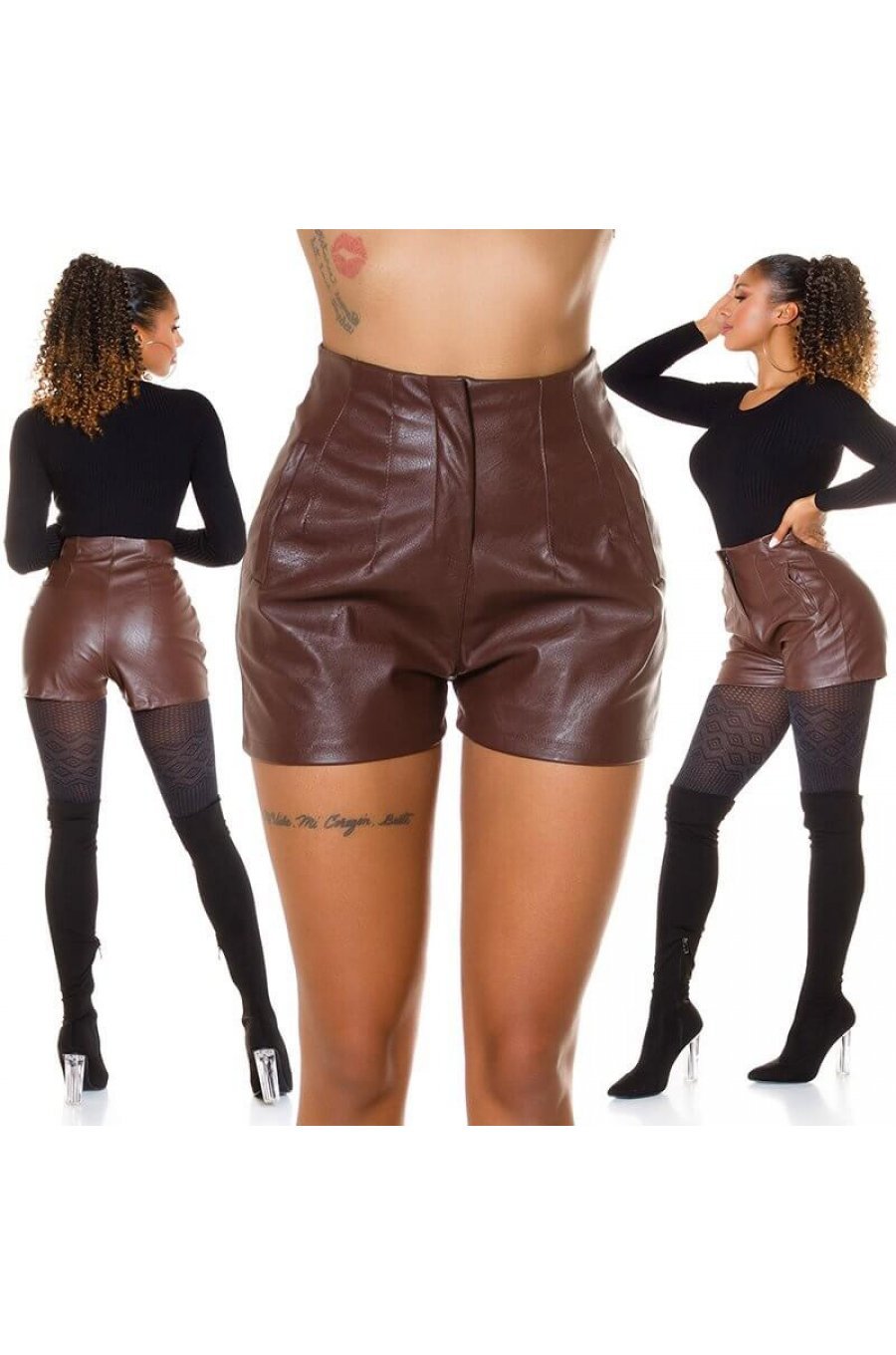 Pantaloni dama casual, scurti, maro, piele eco, cu talia inalta, Matilda 6 - jojofashion.ro