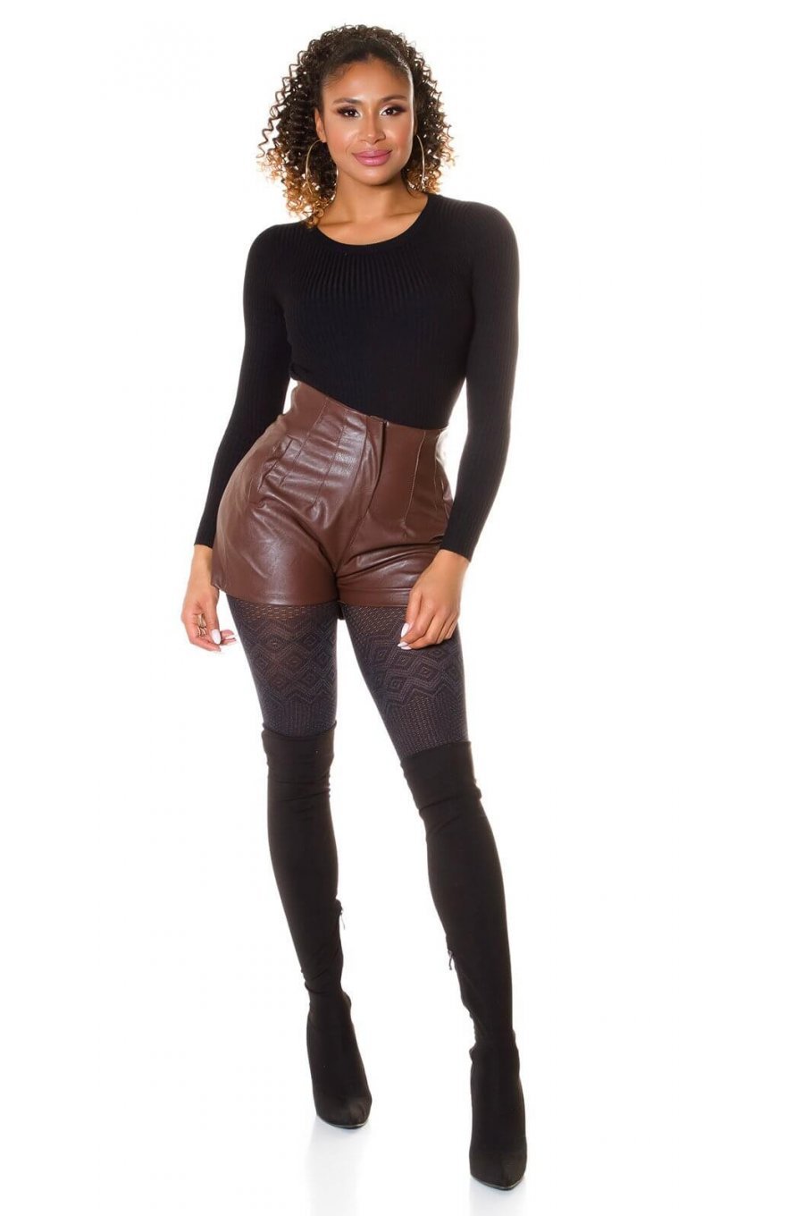 Pantaloni dama casual, scurti, maro, piele eco, cu talia inalta, Matilda 3 - jojofashion.ro