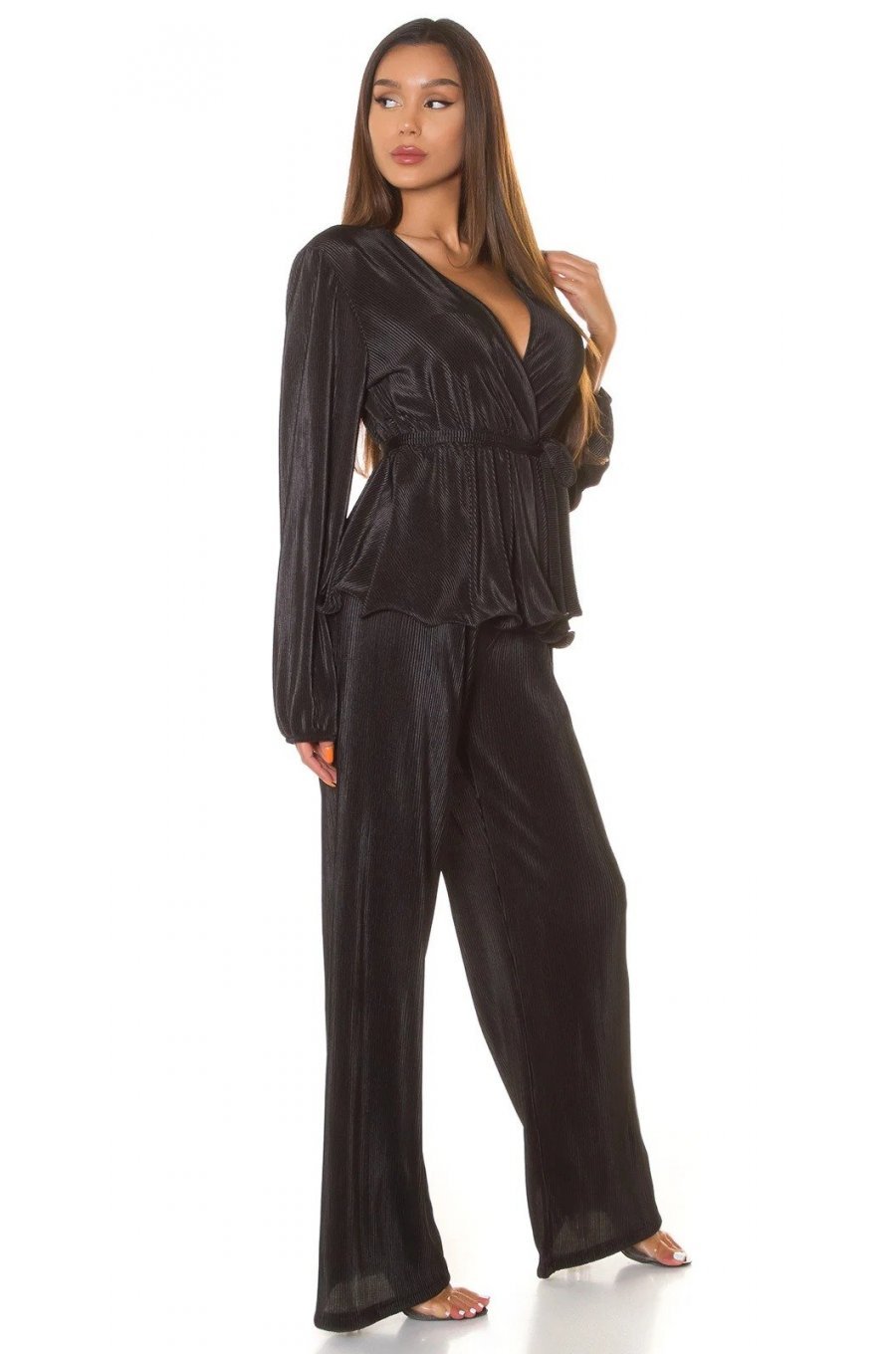 Tinuta din doua piese, neagra, pantaloni evazati si bluza petrecuta, Milestiba 2 - jojofashion.ro