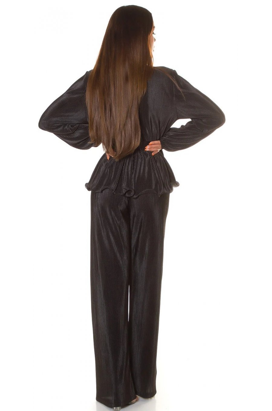 Tinuta din doua piese, neagra, pantaloni evazati si bluza petrecuta, Milestiba 3 - jojofashion.ro
