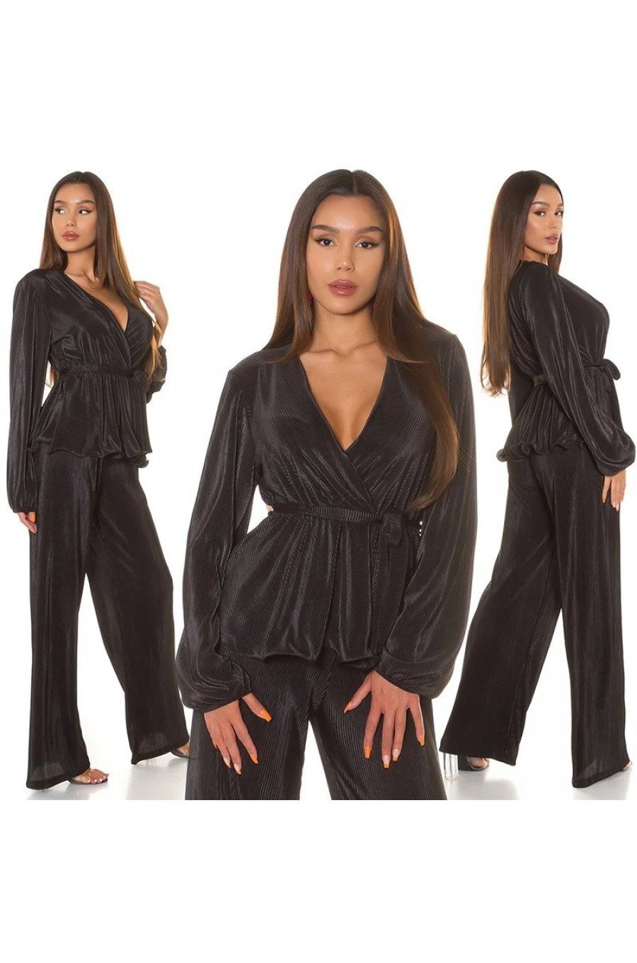 Tinuta din doua piese, neagra, pantaloni evazati si bluza petrecuta, Milestiba 5 - jojofashion.ro